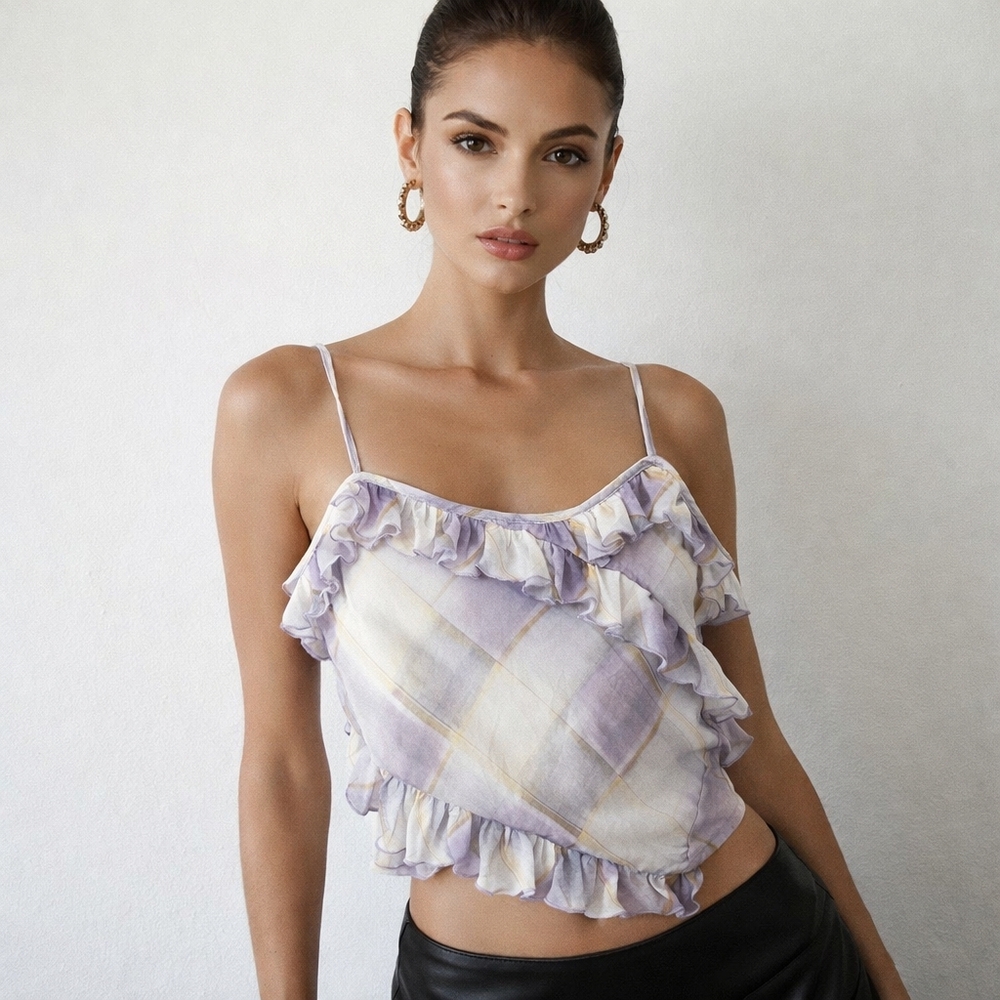 Zara Plaid Ruffle Cami Tank Top Size L Purple EUC